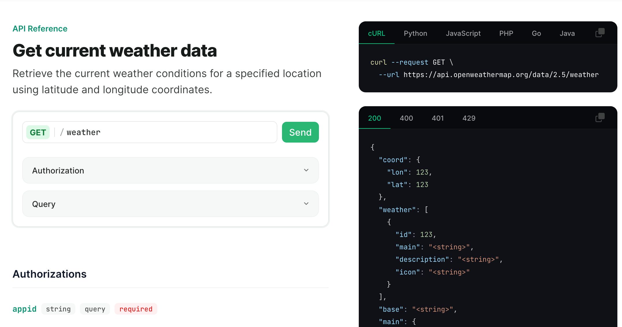 Interactive API documentation and playground for OpenWeather's Current Weather API